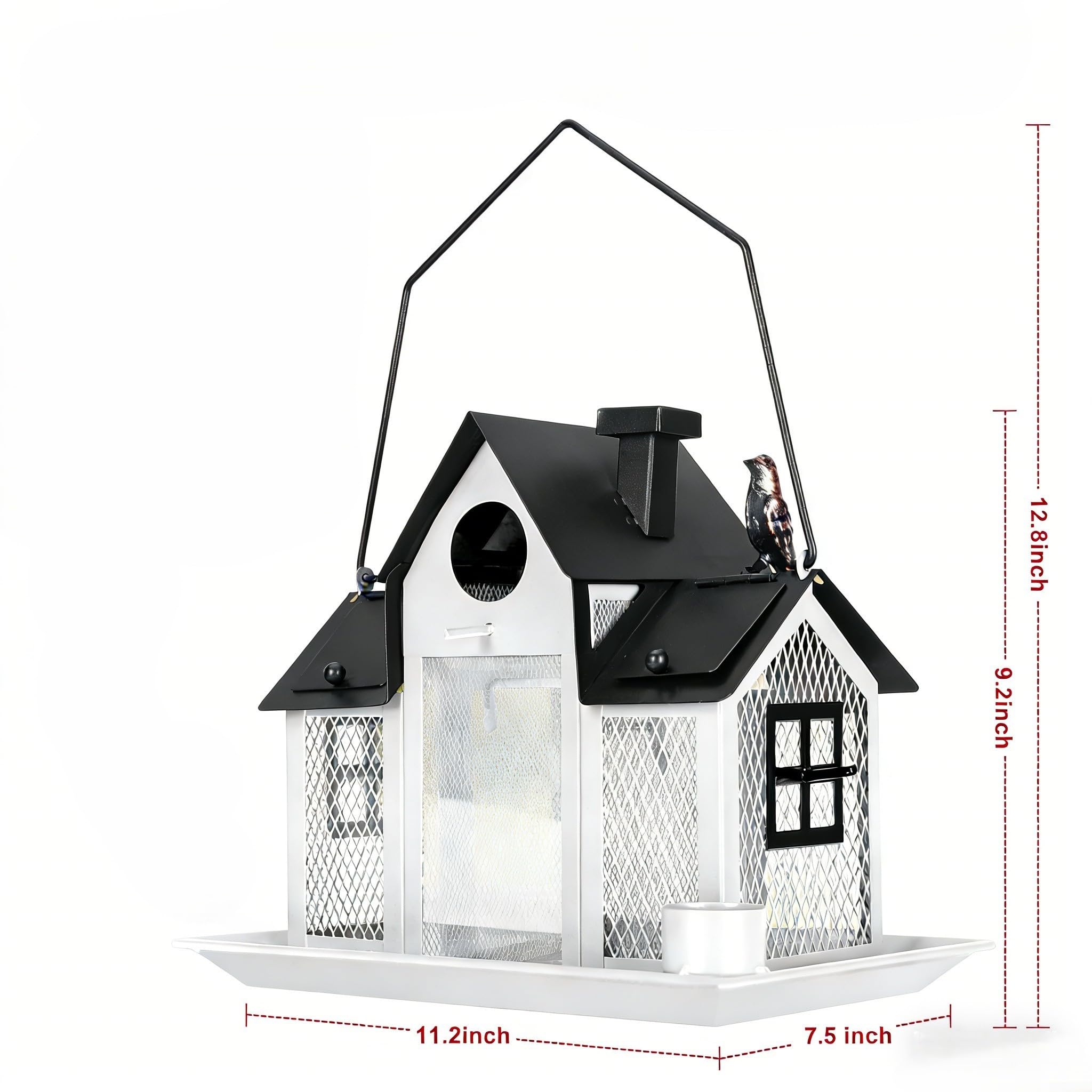 Comedero solar para pájaros y luz de jardín de metal, gran capacidad, 5 libras, comedero para pájaros silvestres con ventana de visualización para decoración de patio al aire libre, blanco