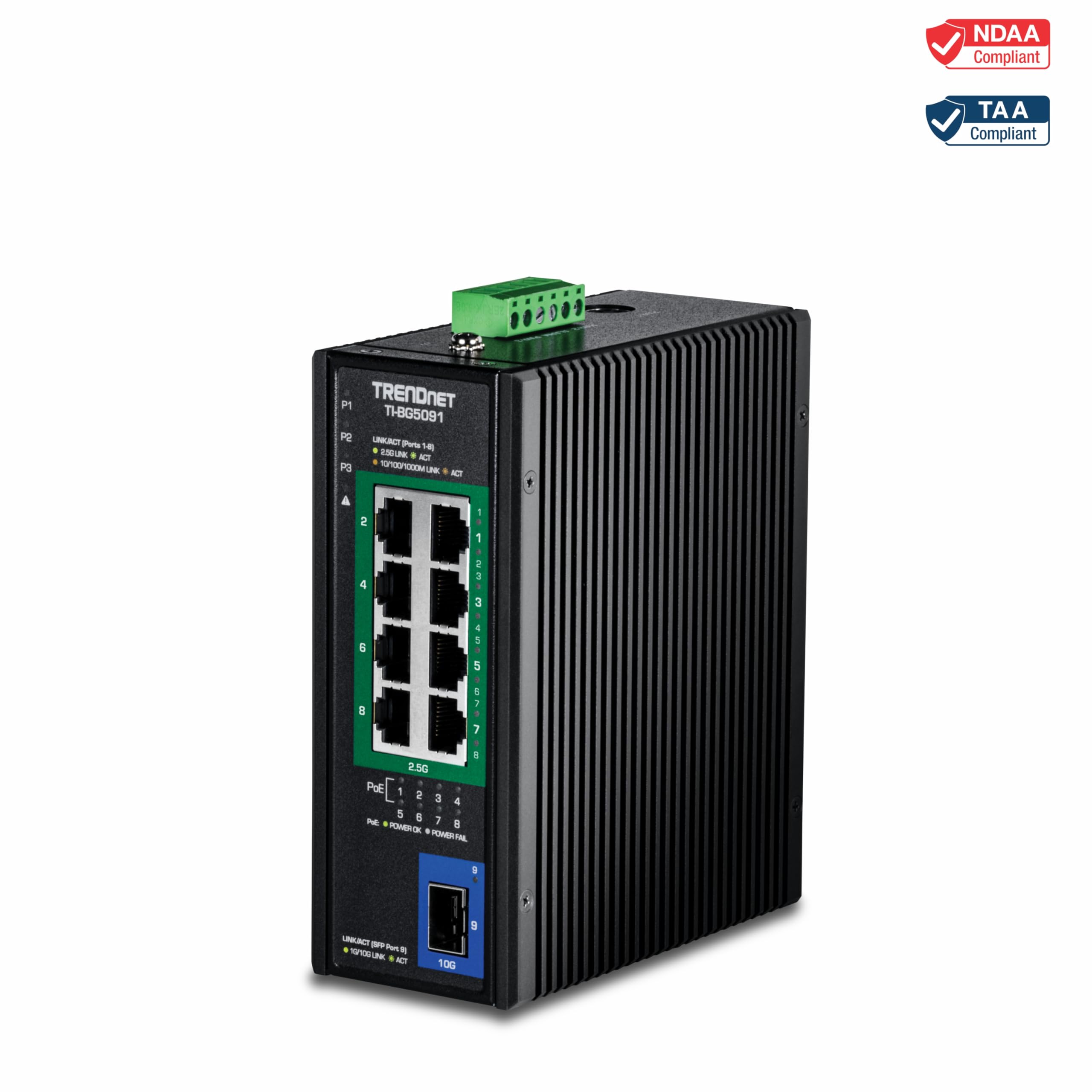 TRENDnet, TI-BG5091, Switch PoE++ industriale 2.5G su guida DIN a 9 porte con porta SFP+ 10G, Multi-Gigabit, 8 porte PoE++ 2.G, 1 porta SFP+ 10G