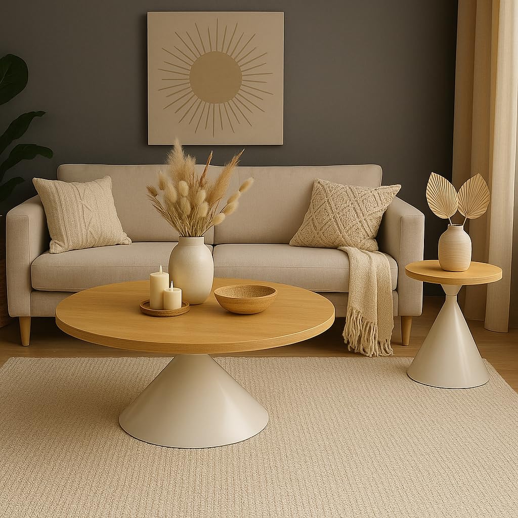 Couchtisch Set 2 Stück – Rund, Skandinavisches Design – Helles Holz & Weiß – Beistelltisch oder Sofatisch – Modell ÁUREA