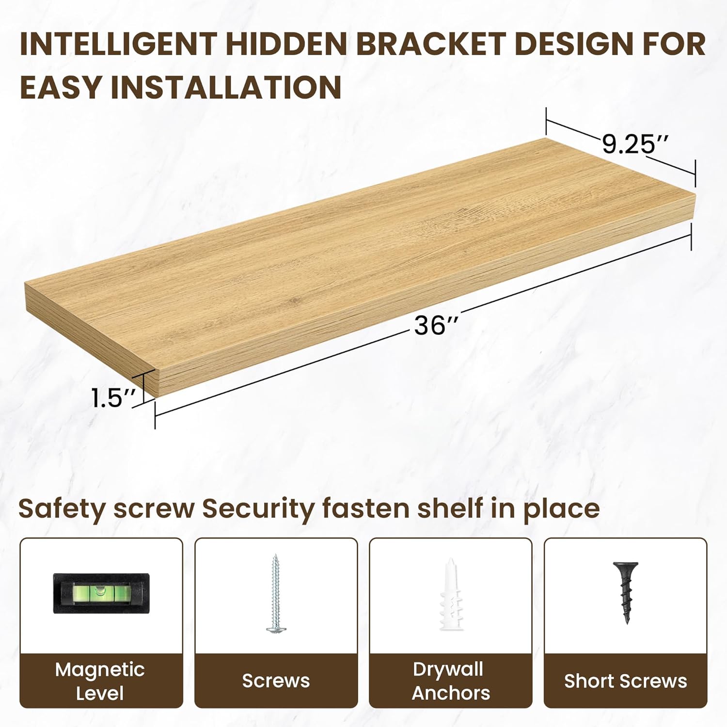 36 Inch Floating Shelves, 12 Inch Deep Floating Shelves for Wall, Floating Shelf with Invisible Brackets, Deep Shelves for Bathroom, Bedroom, Living Room, 2 Pack, Natural
