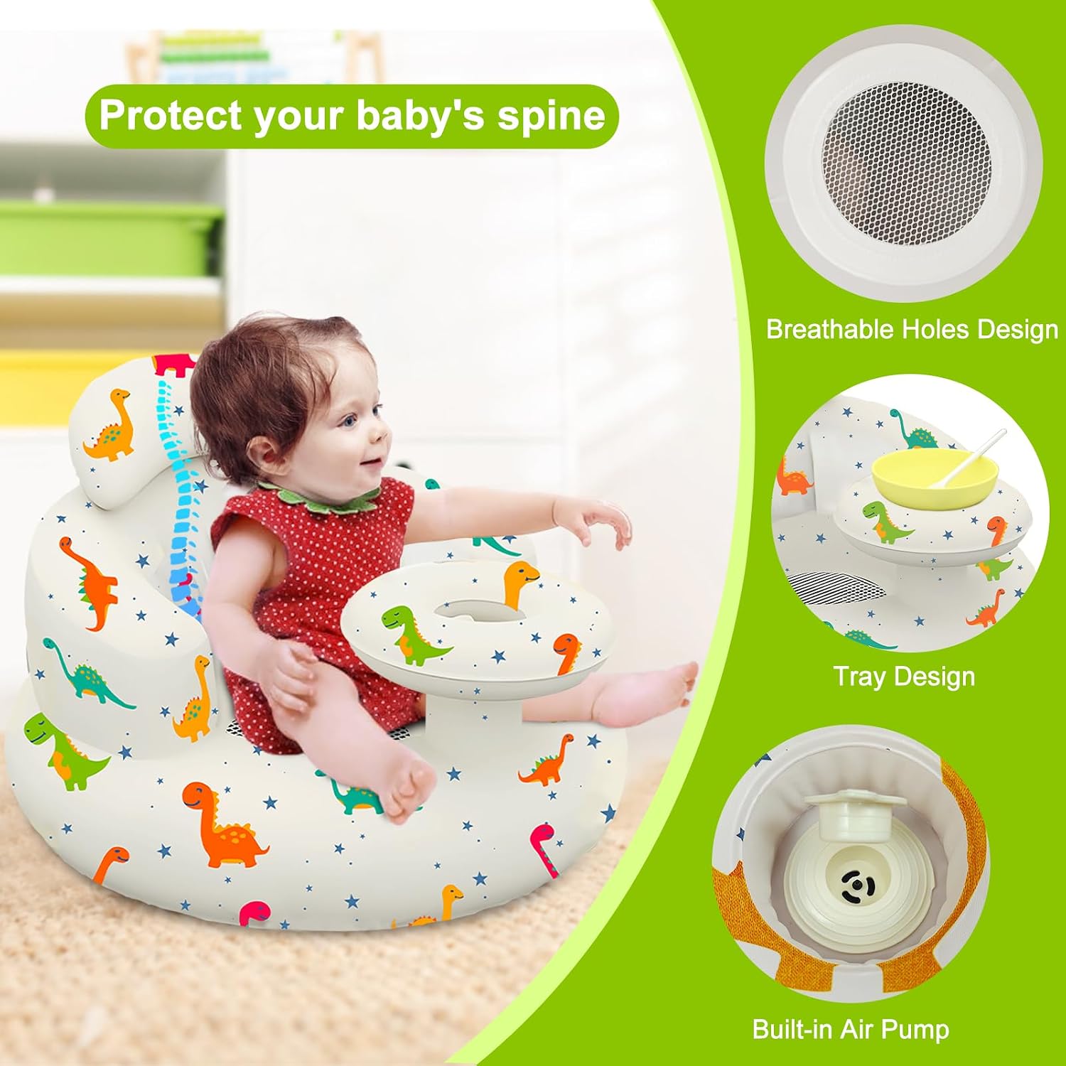 Inflatable Baby Seat with Tray and Built-in Air Pump, 3-36 Months Baby Floor Seat for Sitting Up, Portable Blow Up Baby Chair for Feeding, Travel, Beach (Dinosaur)