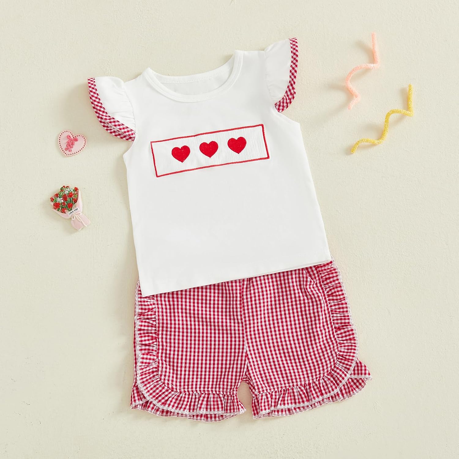 Toddler Baby Girl Valentines Day Outfit Heart Embroidery Flutter Sleeve Smocked T Shirt and Plaid Ruffle Shorts Set - Image 6