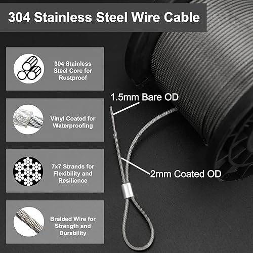 Miniatura 14 de TooTaci Kit de tensor de alambre tensor, cable de acero inoxidable recubierto de vinilo de 100 pies 1/16 con tensores M5 para cables, cuerda