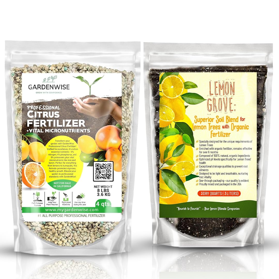 Professional Citrus Fertilizer & Organic Lemon Tree Potting Soil Bundle - Perfect Balanced NPK for All Citrus Indoor & Outdoor, Potting Soil Mix for Growth & Repotting (4-3 Quart)