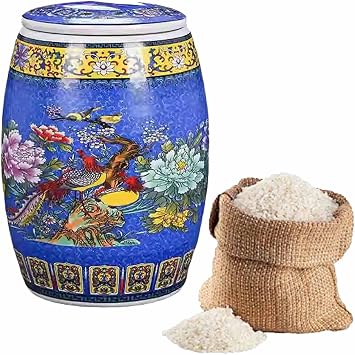 Ceramic Rice Storage containers Ceramic Jar for Rice Ceramic Tea Dispenser with lids Rice Bucket Rice Jar Cereals Grains Sealed Jar for Soybeans, Corn, Flour, OatmealBlue,24x33cm/9.4x13in