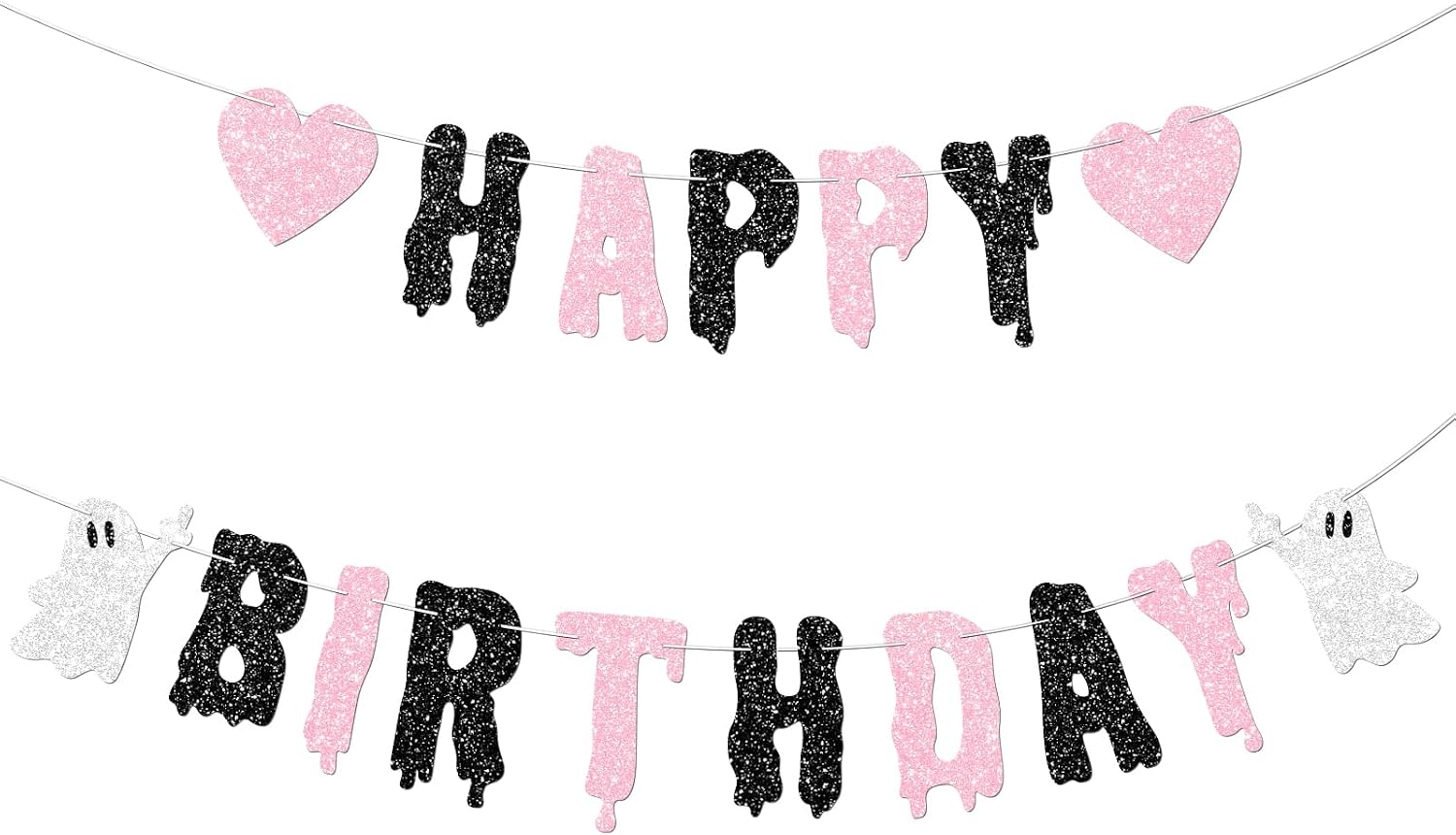 Black and Pink Happy Birthday Halloween Banner, Glittery Heart Ghost Banners for Cute Halloween Birthday Decorations Party Supplies for Girl/Women, No DIY.