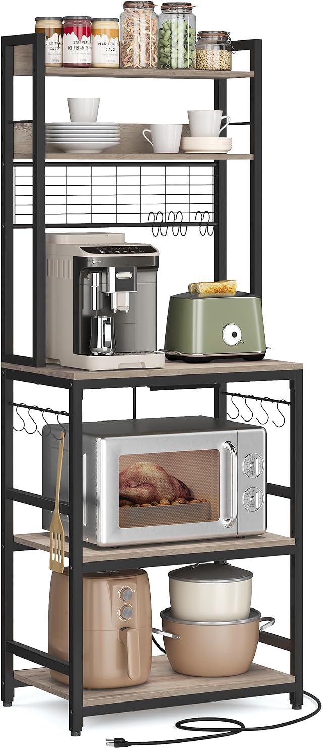 VASAGLE Scaffale Cucina con Multipresa, Scaffale per Microonde, Mobile Cucina, con Pannello a Rete Metallica, 14 Ganci, 40 x 60 x 170 cm, Greige e Nero KKS037B02EU | BARNET KKS037B02EU - Scaffale per microonde, con griglia a griglia, colore: nero
