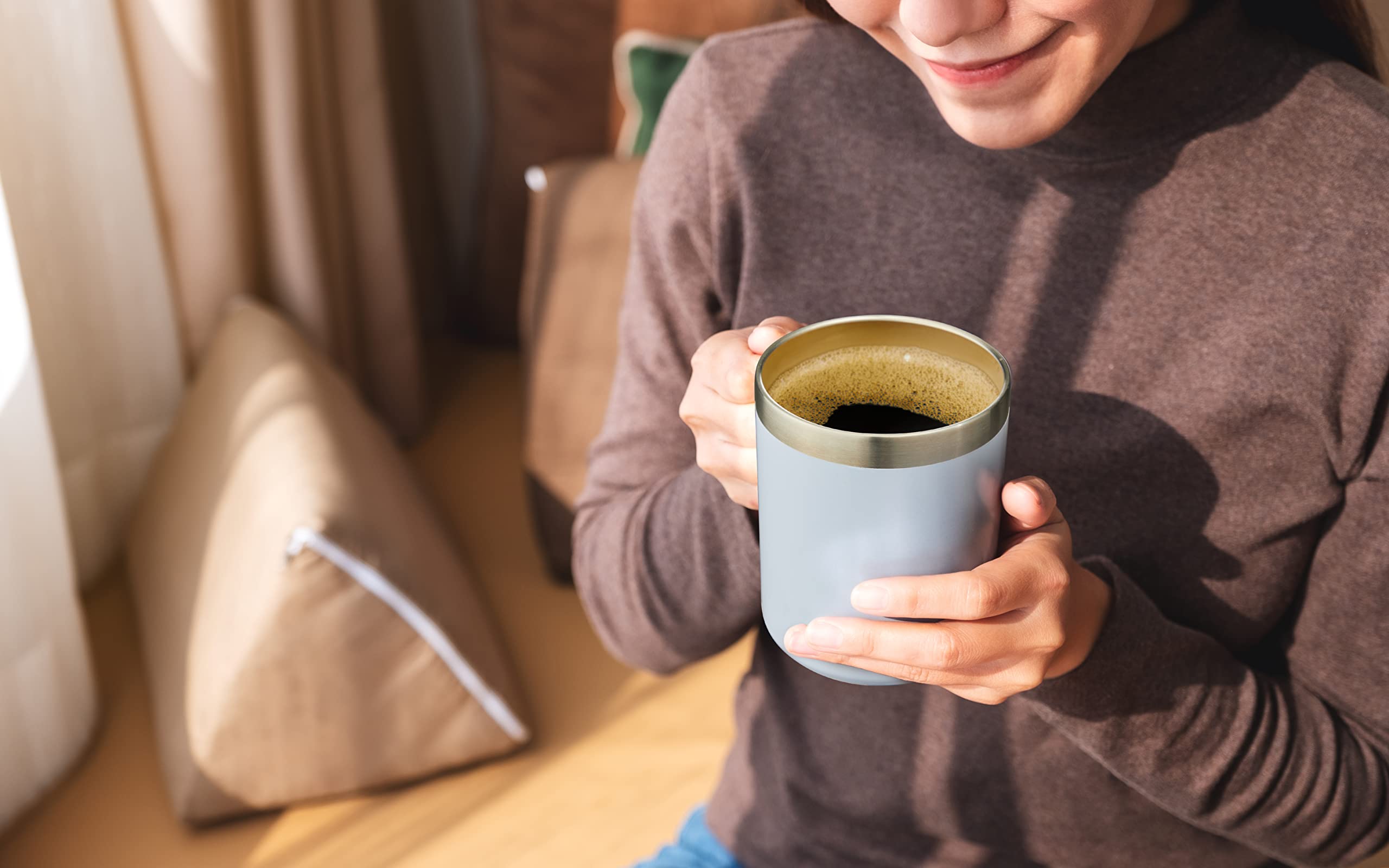 Taza de café aislada de 12 onzas con asa, taza de café de viaje de acero inoxidable con tapa abatible, vaso de café al vacío de doble pared, ciruela