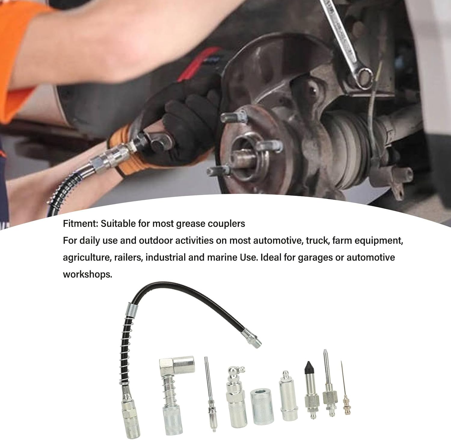 9Pcs Grease Coupler Kit, Quick Connect Greasing Accessory Kit with Grease Gun Tips, Grease Gun Lubrication Accessory Kit for Car Truck Marine Garage