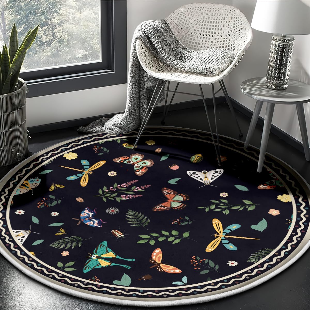 Insect Washable Rugs 4 Feet Round Soft Butterfly Throw Rugs for Living Room, Non Slip Low Pile Foldable Large Carpet for Entrance Bedroom, Dining Room, Kids Room, Black