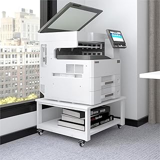 PUNCIA Mesa para Impresora de 2 Niveles con Ruedas Soporte para Impresora móvil de Madera y Metal Carro para Impresora Estante de Almacenamiento 60 x 60 x 32 cm Blanco para Oficina Hogar Escuela