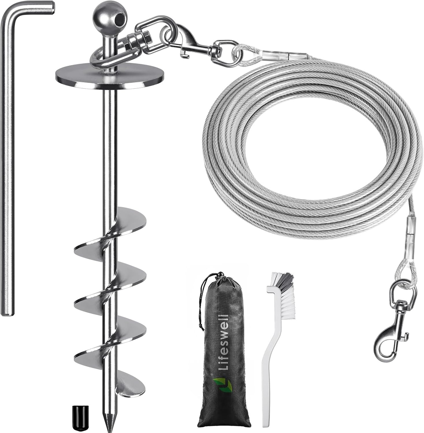 Dog Tie-Out Cable and Stake – 30ft Chew-Proof Stainless Steel Cable, 16-Inch Heavy-Duty Dog Anchor for Dogs Up to 200lbs, No Tangle, Dog Runner for Yard and Camping