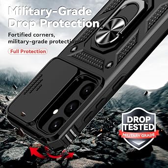 for Samsung Galaxy S25 Plus Case with Slide Camera Cover HD Screen Protector [Military Grade Drop Tested] Magnetic Ring Holder Kickstand Protective Phone Case for Samsung Galaxy S25+ Plus 2025, Black