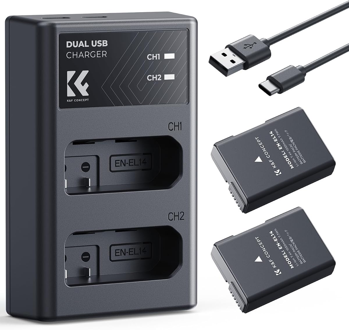 EN-EL14 Battery and Charger for Nikon EN-EL14 Battery, with Dual Charging Slot, Fit for Nikon D3500 D5600 D3200 D3300 D3400 D5500 Coolpix P7800 P7700 P7200 P7100 P7000 (1050mAh*2)