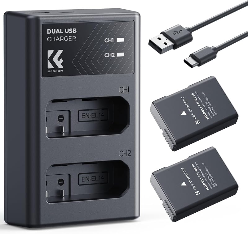 EN-EL14 Battery and Charger for Nikon EN-EL14 Battery, with Dual Charging Slot, Fit for Nikon D3500 D5600 D3200 D3300 D3400 D5500 Coolpix P7800 P7700 P7200 P7100 P7000 (1050mAh*2)