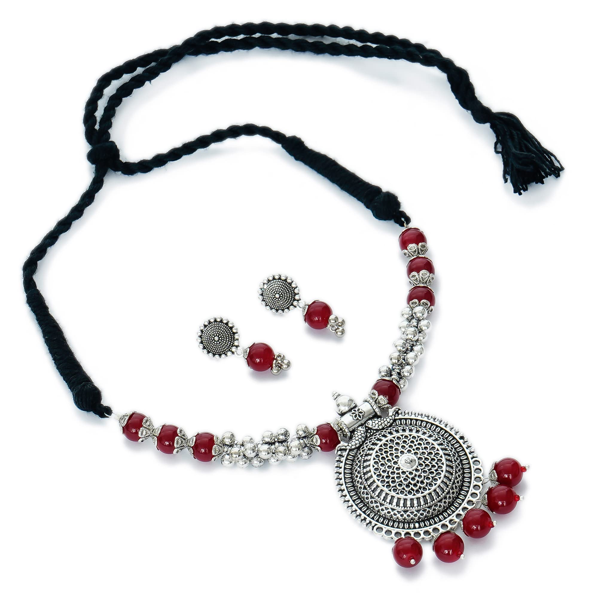 AHOORA Brass Glass Beads Artificial Silver Oxidized Fancy Designer Jaipuri Choker Jewel Set for Women (AHN574_Maroon) (B09J26JMX9) Amazon Price History, Amazon Price Tracker