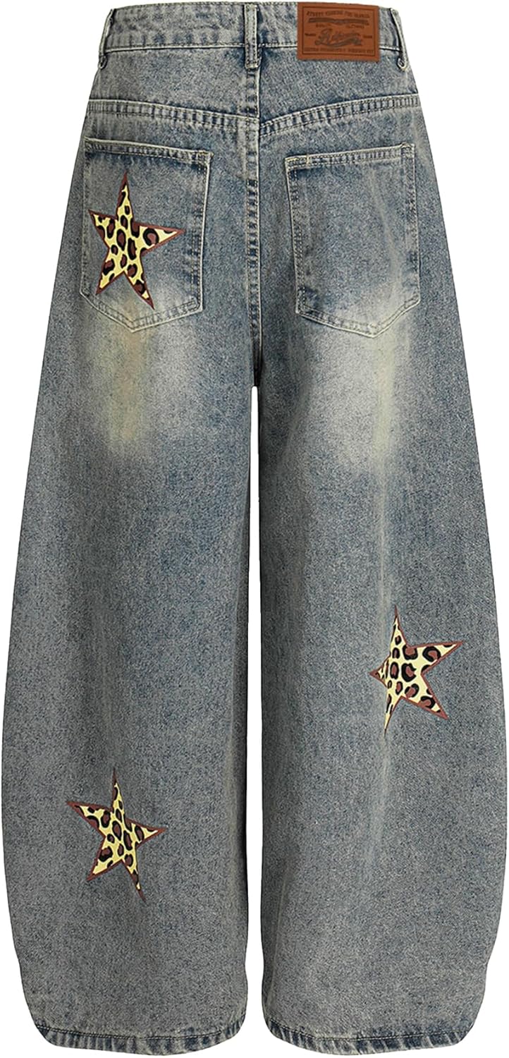 Aelfric Eden Baggy Barrel Jeans Leopard Star Wide Leg Jeans Y2k Streetwear Casual Denim Pants Trousers - Image 3
