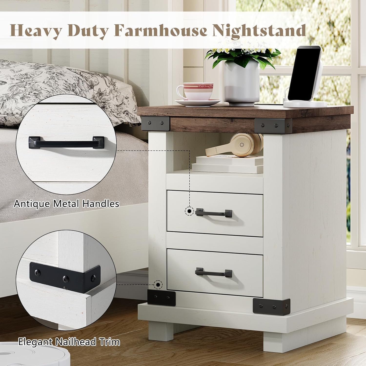 AMERLIFE 3 Pieces Farmhouse Bedroom Furniture Set, 6 Drawer Dresser Chest, Nightstand Set of 2 with Charging Station, Rustic Wood, Storage Organizer for Bedroom, Living Room, Antique White