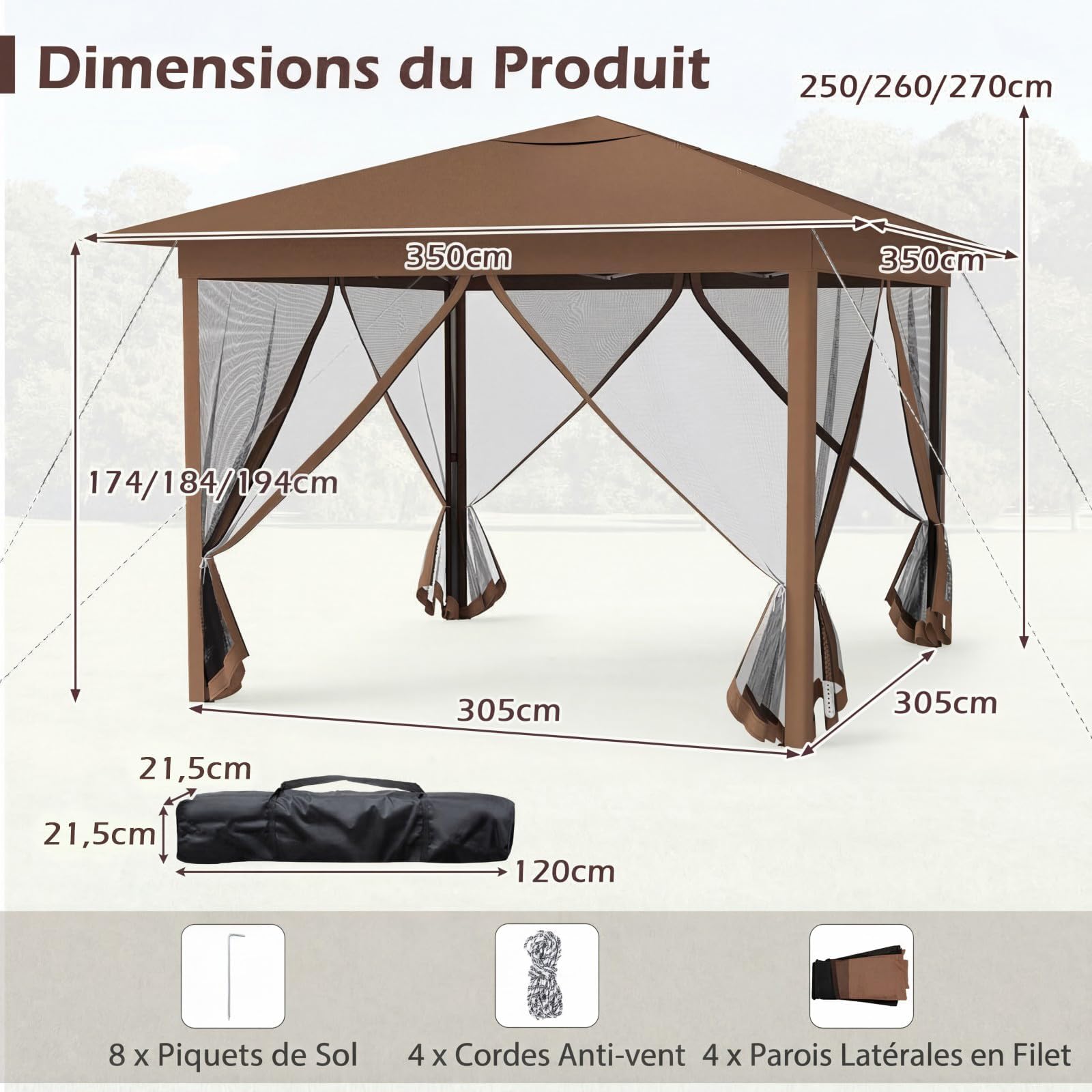RELAX4LIFE Tonnelle Pliante 3x3 avec Moustiquaires, Tonnelle de Jardin Exterieur Pop-up Facile à Monter, Protection Solaire, Cadre Métallique, Sac de Transport, Pavillon de Jardin pour Terrasse