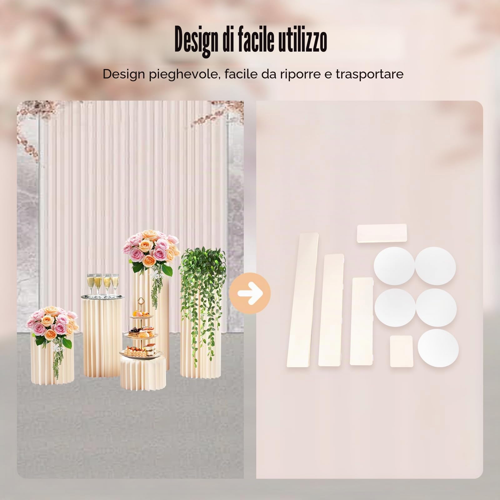 5 pezzi di cartone per matrimonio, colonna di fiori, vaso pieghevole in cartone, display a colonna con coperchio in acrilico, supporto per fiori pieghevole, colonna decorativa per matrimonio