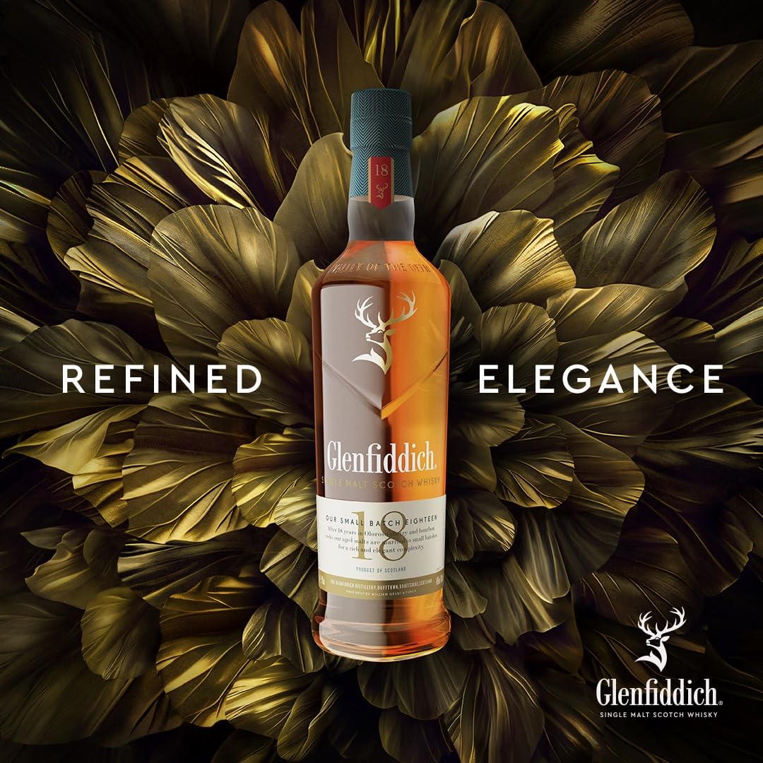Glenfiddich 18 Jahre Single Malt Scotch Whisky mit Geschenkverpackung, 70cl - in Ex-Bourbon- & Oloroso Sherry-Fässern gereift für hochwertigen Genuss - Das Flaschendesign kann variieren