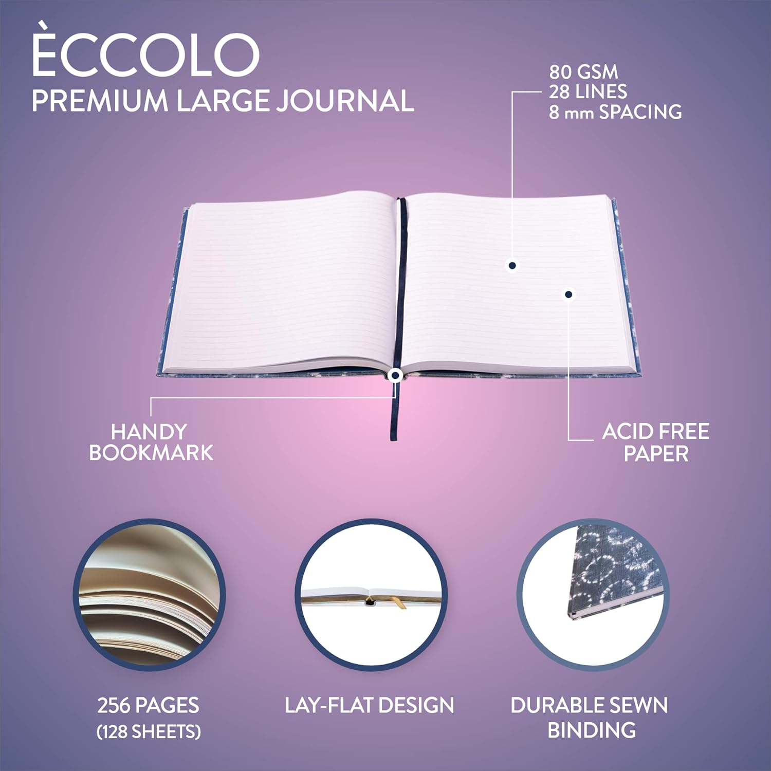 Eccolo Large Lined Journal Notebook, Hardbound Fabric Cover, Writing Journal, 256 Ruled White Pages, Ribbon Bookmark, Lay Flat, Desk Size for Work or School, Shibori Circles (Denim Blue, 8x10 inches)