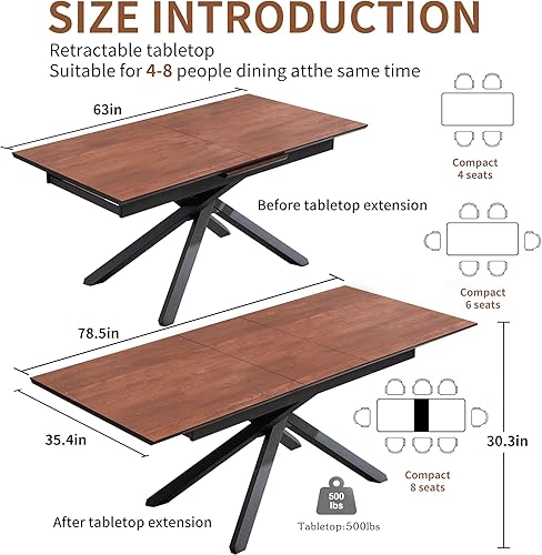 Miniatura 4 de Mesa de comedor extensible de 63 a 78.7 pulgadas para 6 a 10 personas, mesa de cocina moderna de granja que ahorra espacio, mesas de comedor
