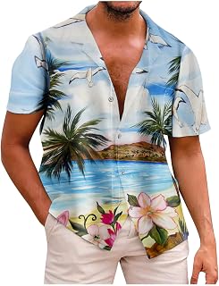 Button Down Shirts Mens Short Sleeve T-Shirt Lounge Relaxed Fit Breathable Camping Lapel Summer Thin Tropical Print Tunic Shirt Men