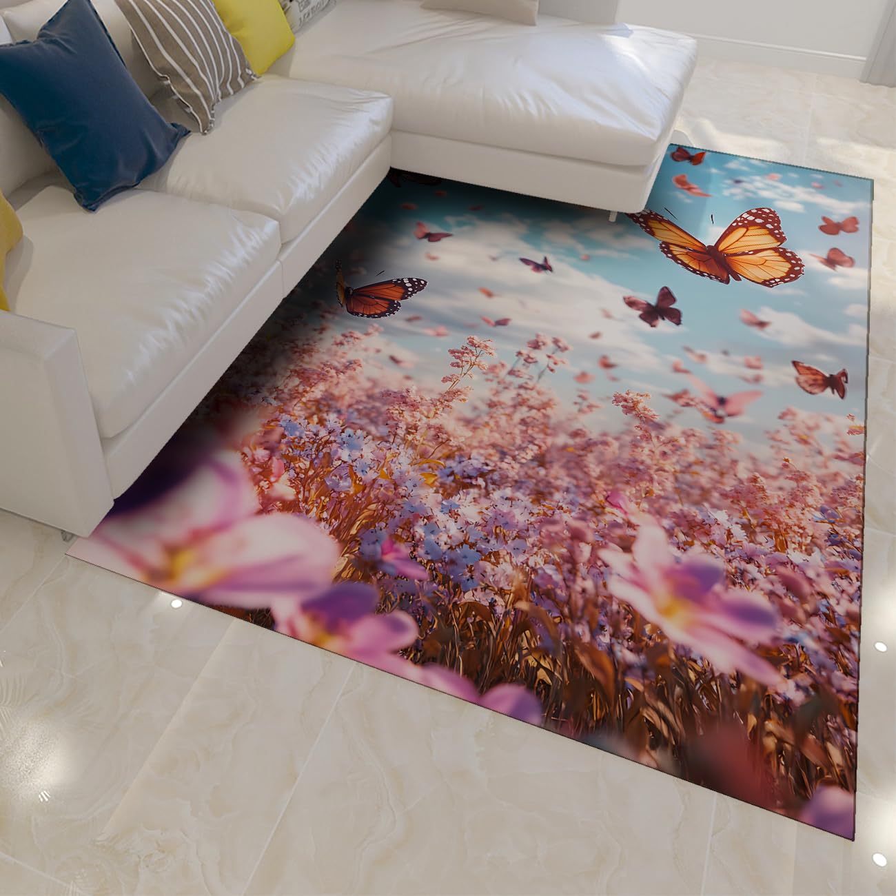 Dywan, estetyczny, romantyczny, naturalny, kolorowe motyle, pole kwiatowe, różowe morze kwiatów, nadaje się do prania, niskie runo, antypoślizgowy, do salonu, 120 x 200 cm