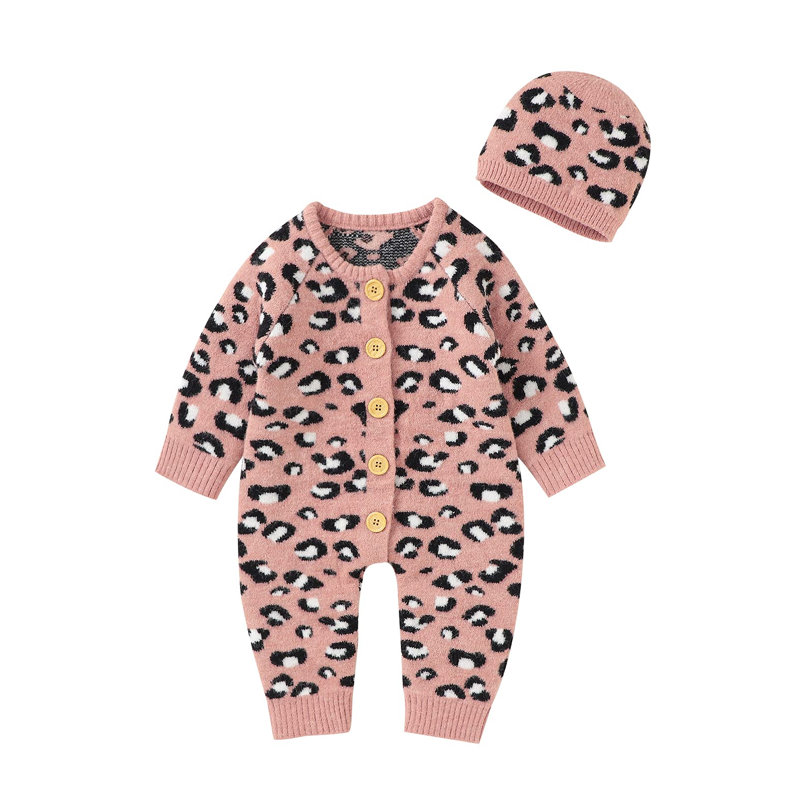 LAWKUL Baby Sweater Cable Knitted Baby Outfits Long Sleeve Warm Jumpsuits Leopard Print with Crochet Bonnet Baby Hat Girl 2pcs Sets Pink Newborn Sweater For Autumn Winter 12-18M