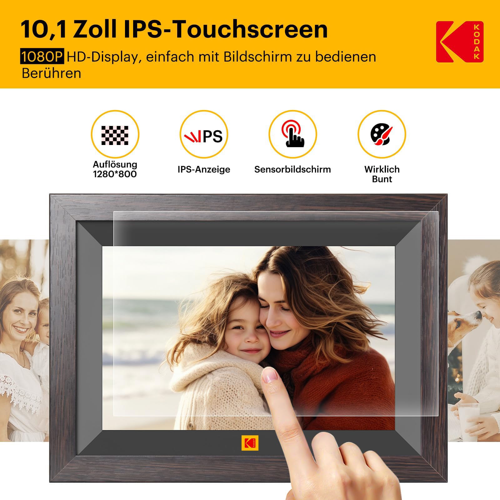 KODAK 10,1 Zoll WiFi Digitaler Bilderrahmen, 1280x800 HD IPS Touchscreen Smarter Bilderrahmen WLAN, 32GB Speicher, Automatische Rotation, Wandmontagefähig, Teilen Sie Fotos sofort von überall aus
