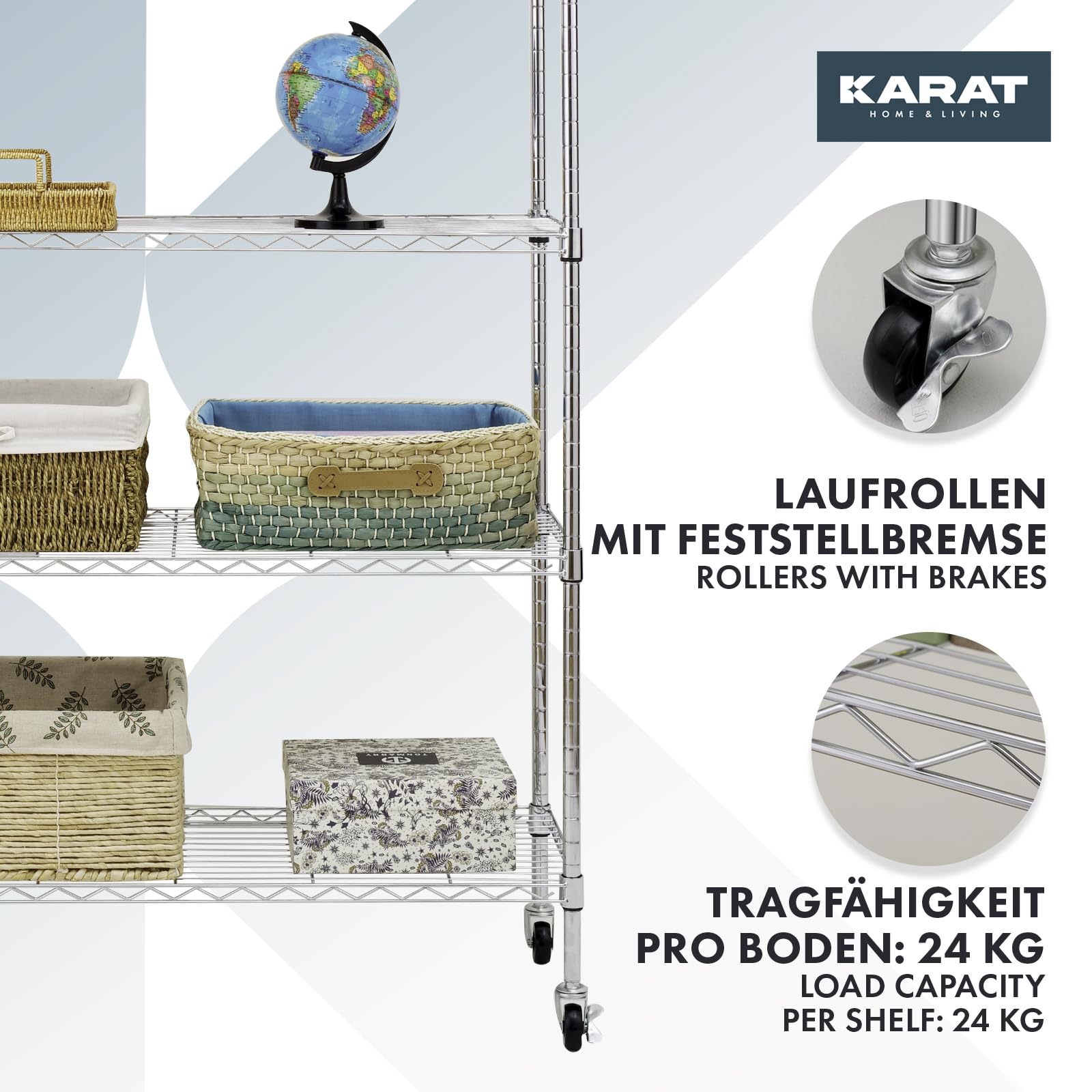KARAT Scaffalatura su rotelle, in Metallo con 5 Ripiani, Carrello per Cucina, Bagno, Cantina, ripostiglio Fino a 120 kg, Carrello da Cucina su Ruote, Cromato 89 x 34 x 150 cm