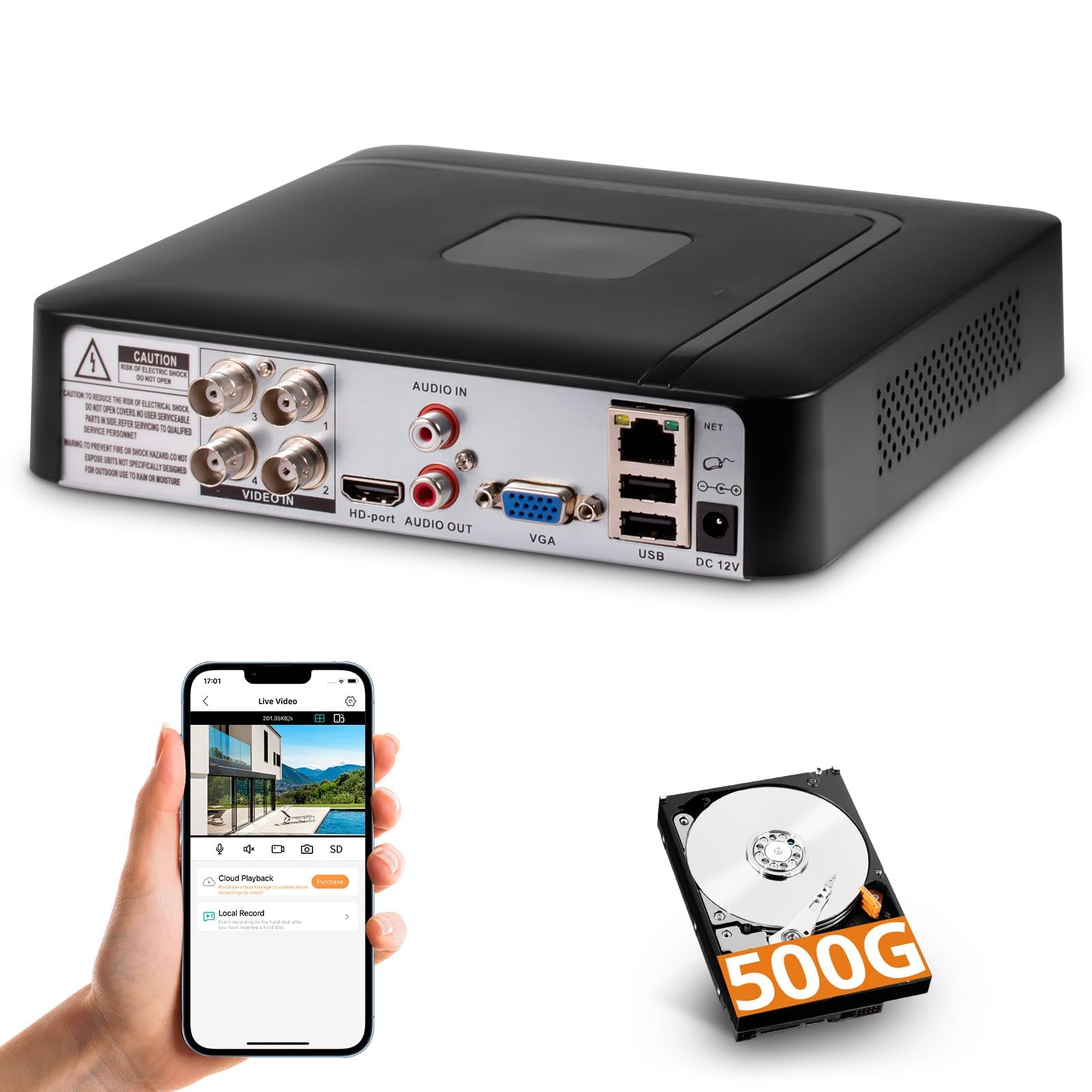 cctv 4 canali con disco rigido da 500gb per registrazioni video h.265+ in tempo reale