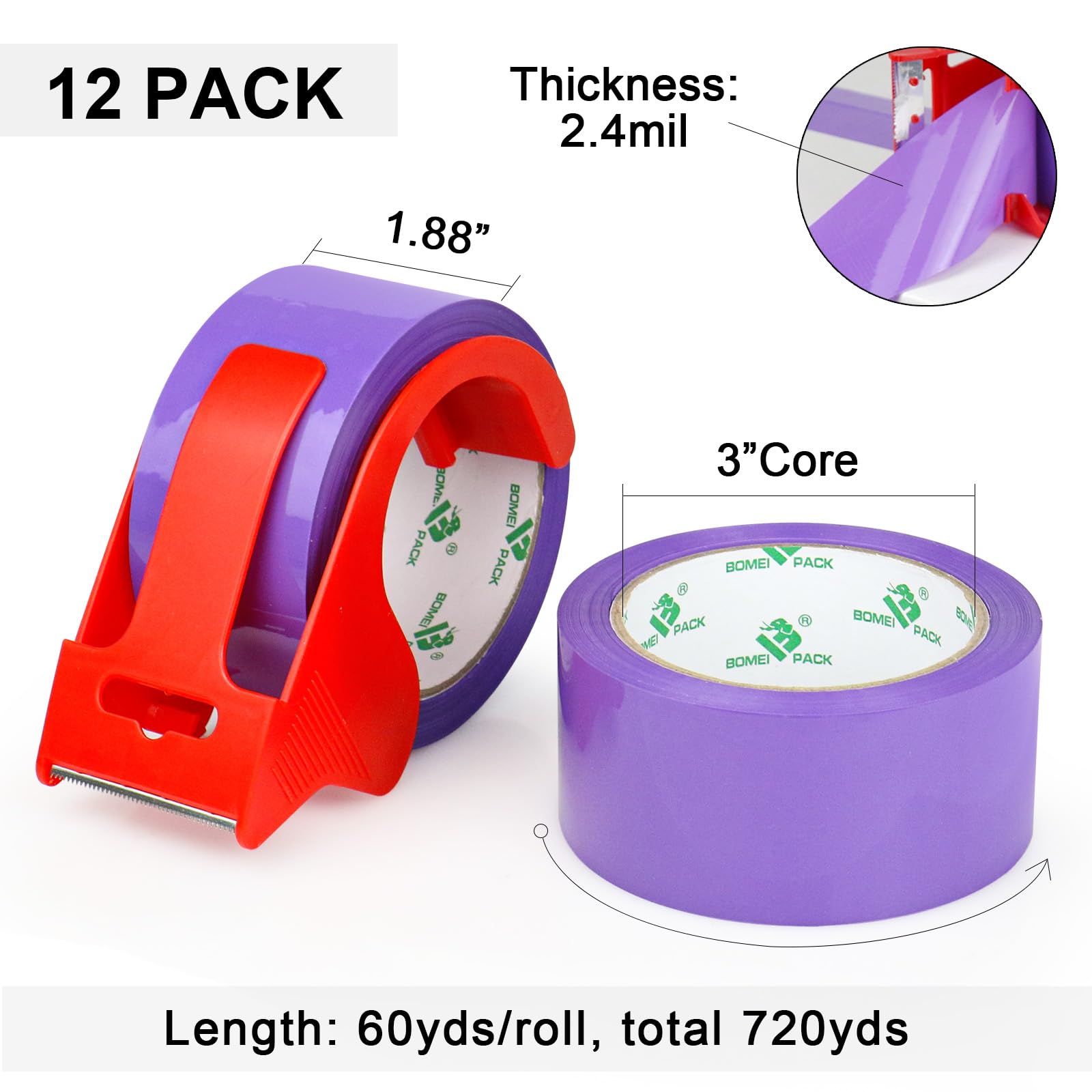 BOMEI PACK Nastro da imballaggio viola con dispenser, 2,4 mm, 4,7 cm x 60 m, 12 rotoli di ricambio per scatole di colore viola, nastro da imballaggio per traslochi, spedizioni, spedizioni e stoccaggio