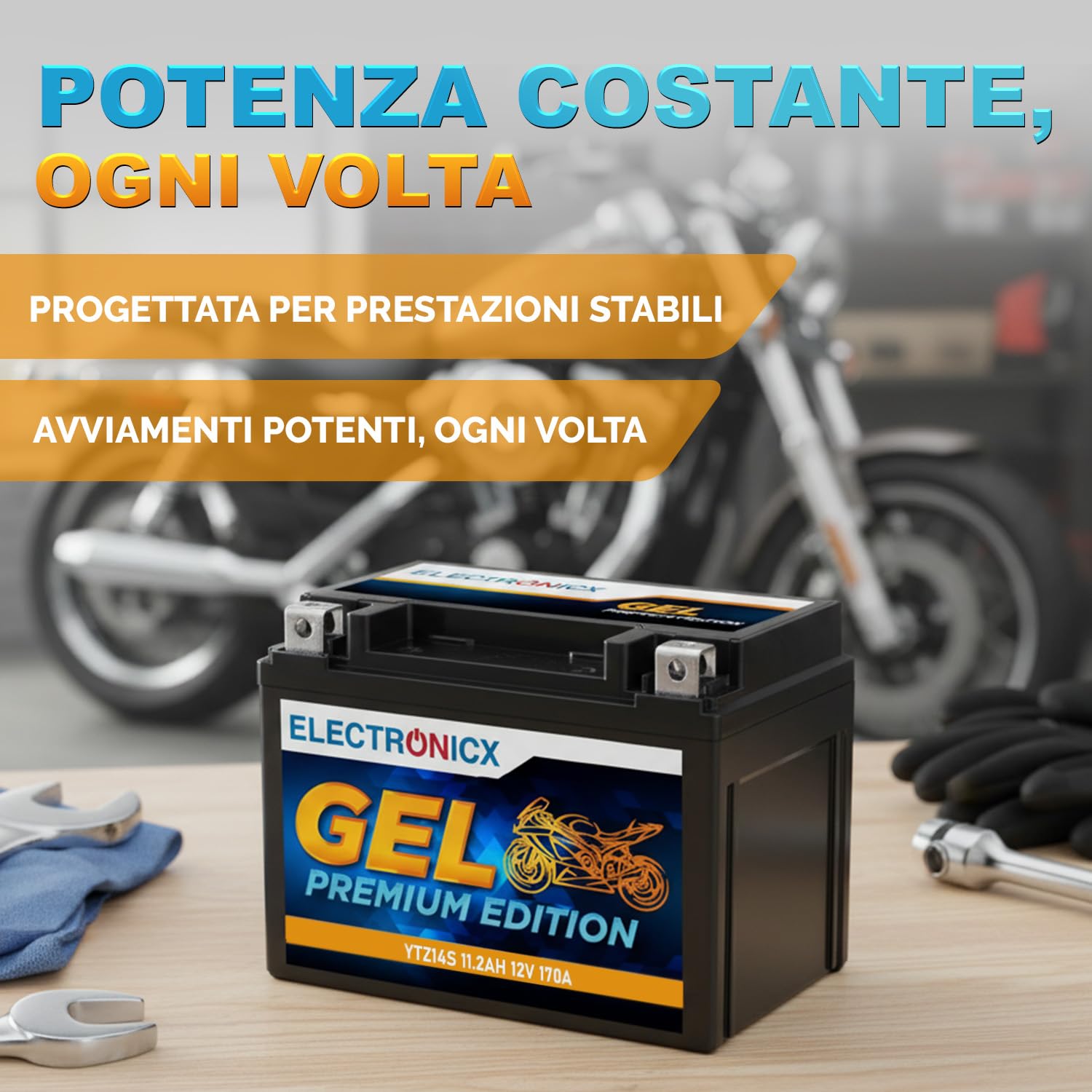 Electronicx YTZ14S GEL Batteria Moto 12V 11,2Ah 170A – Starter sigillato, senza manutenzione – Compatta, resistente a vibrazioni, anti-perdita – per moto, scooter, quad, powersport – pronta all’uso
