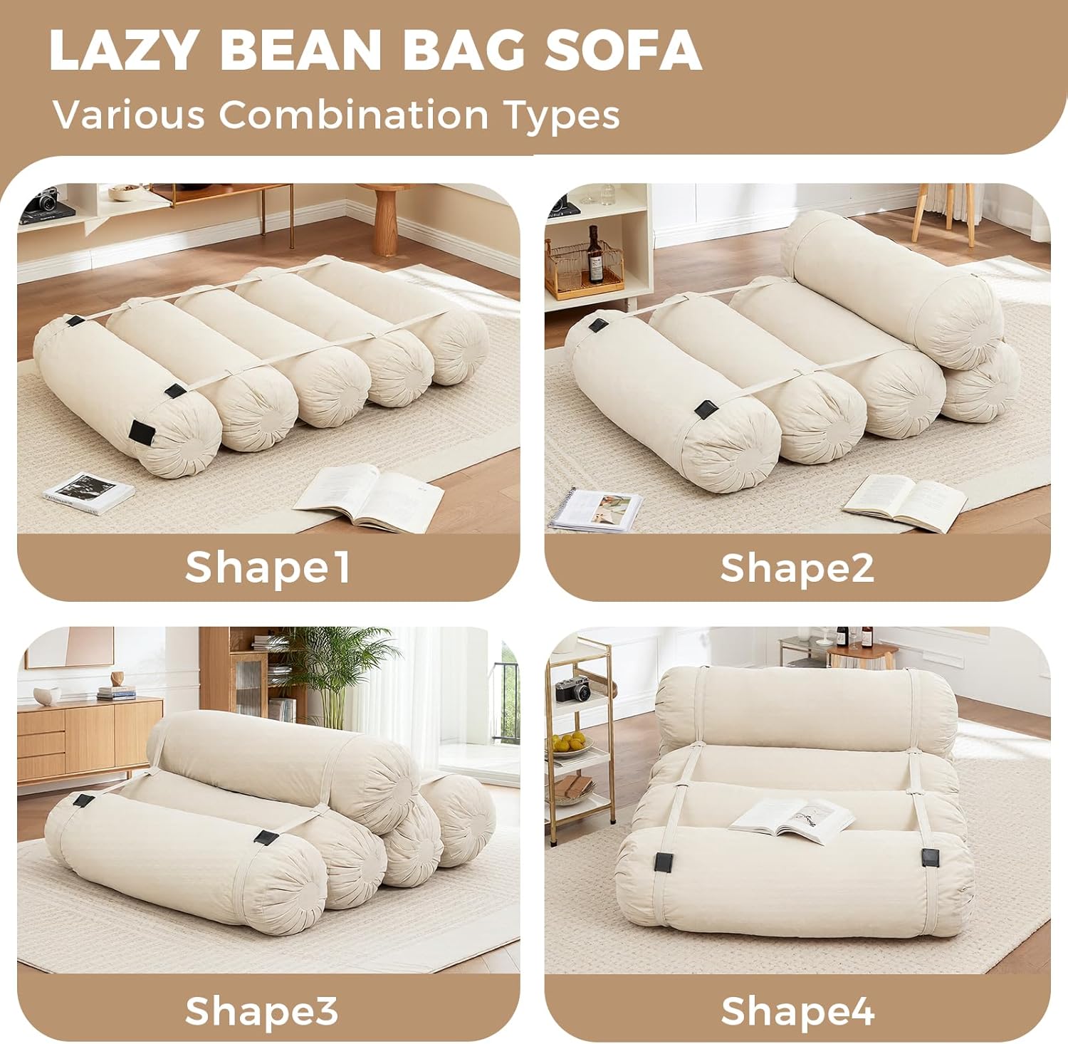 Bean Bag Chair, Corduroy Sectional, Flexible Floor Seating Lazy Sofa, Soft Foam Filled Lounger, Non-Removable Cover, Reconfigurable Design,Living Room,Bedronm&Offices,Beige