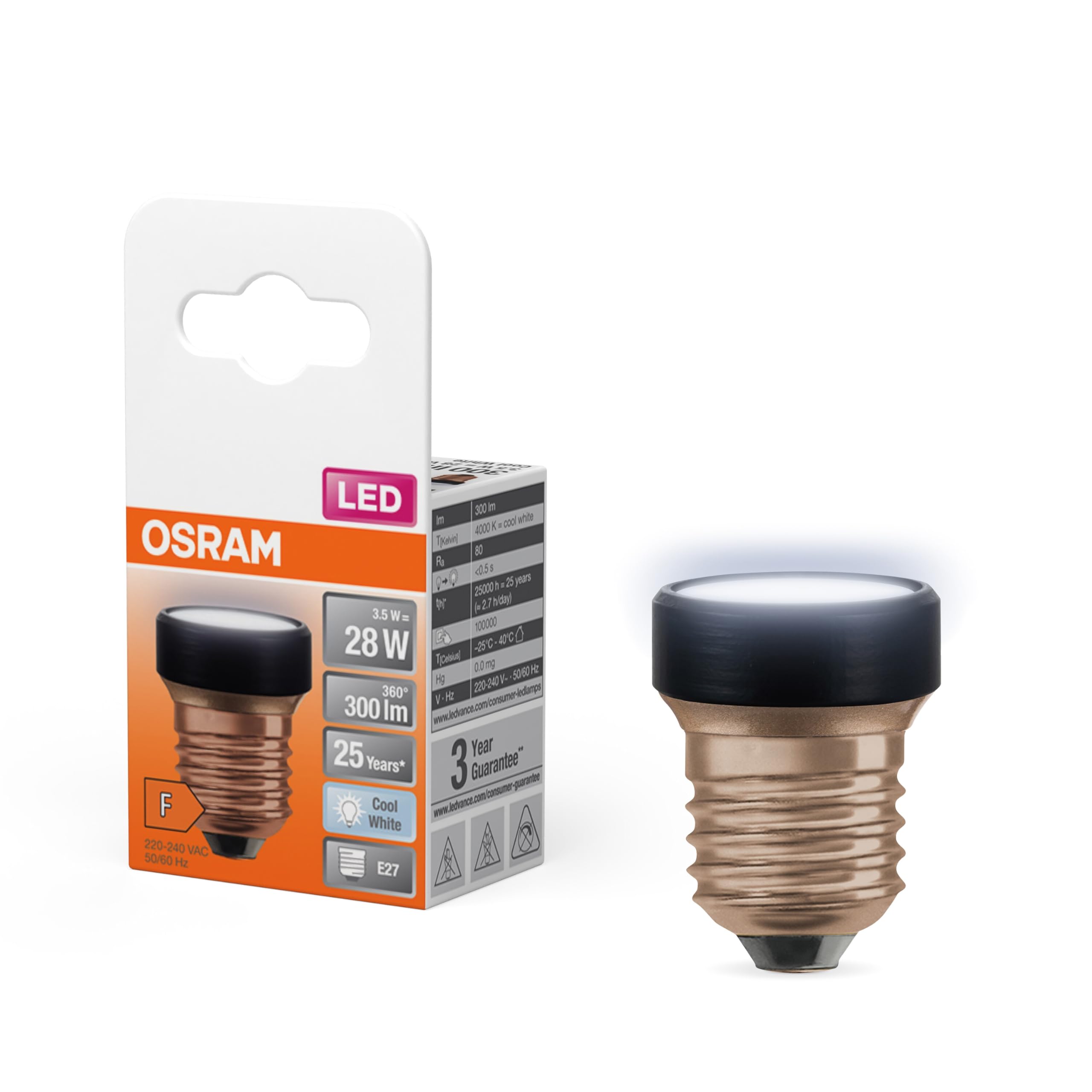 OSRAM LED Star Flat with 3.5 W (as 28 W), 300 lm/4000 K, Cool White 840, Frosted, Black Plastic, with E27 Screw, Not Dimmable, Diameter 35 mm.