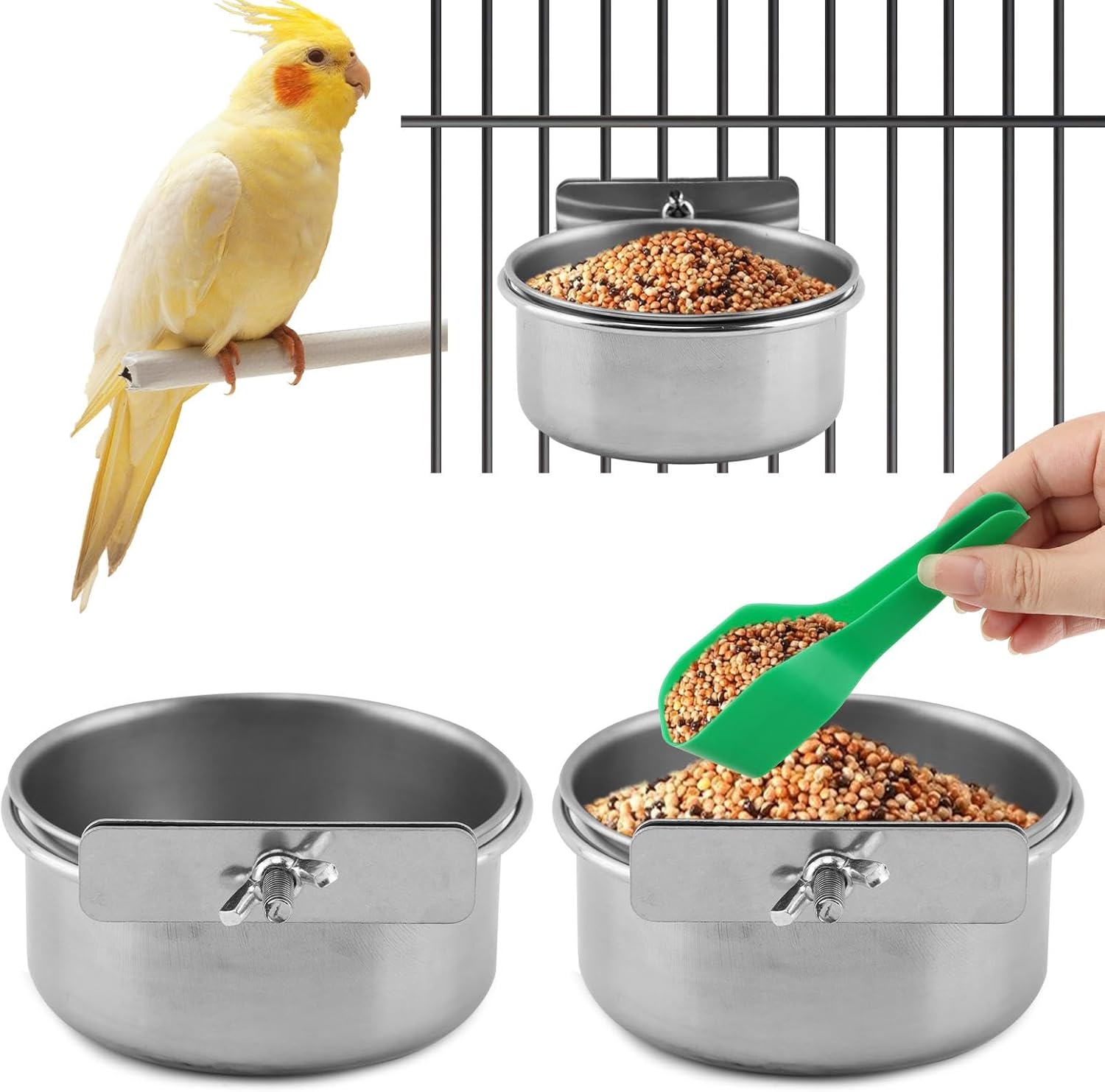 CALIDAKA 2-Pack Stainless Steel Bird Feeding Bowls with Spoon & Clamp Holder for Parrot Cockatiel Parakeet Macaw Cage