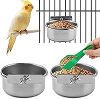 CALIDAKA 2-Pack Stainless Steel Bird Feeding Bowls with Spoon & Clamp Holder for Parrot Cockatiel Parakeet Macaw Cage