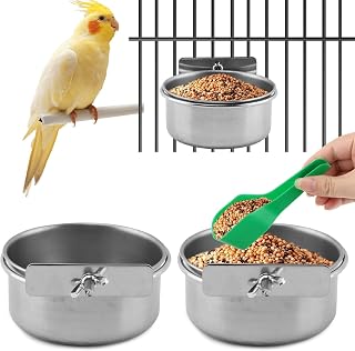 CALIDAKA 2-Pack Stainless Steel Bird Feeding Bowls with Spoon & Clamp Holder for Parrot Cockatiel Parakeet Macaw Cage