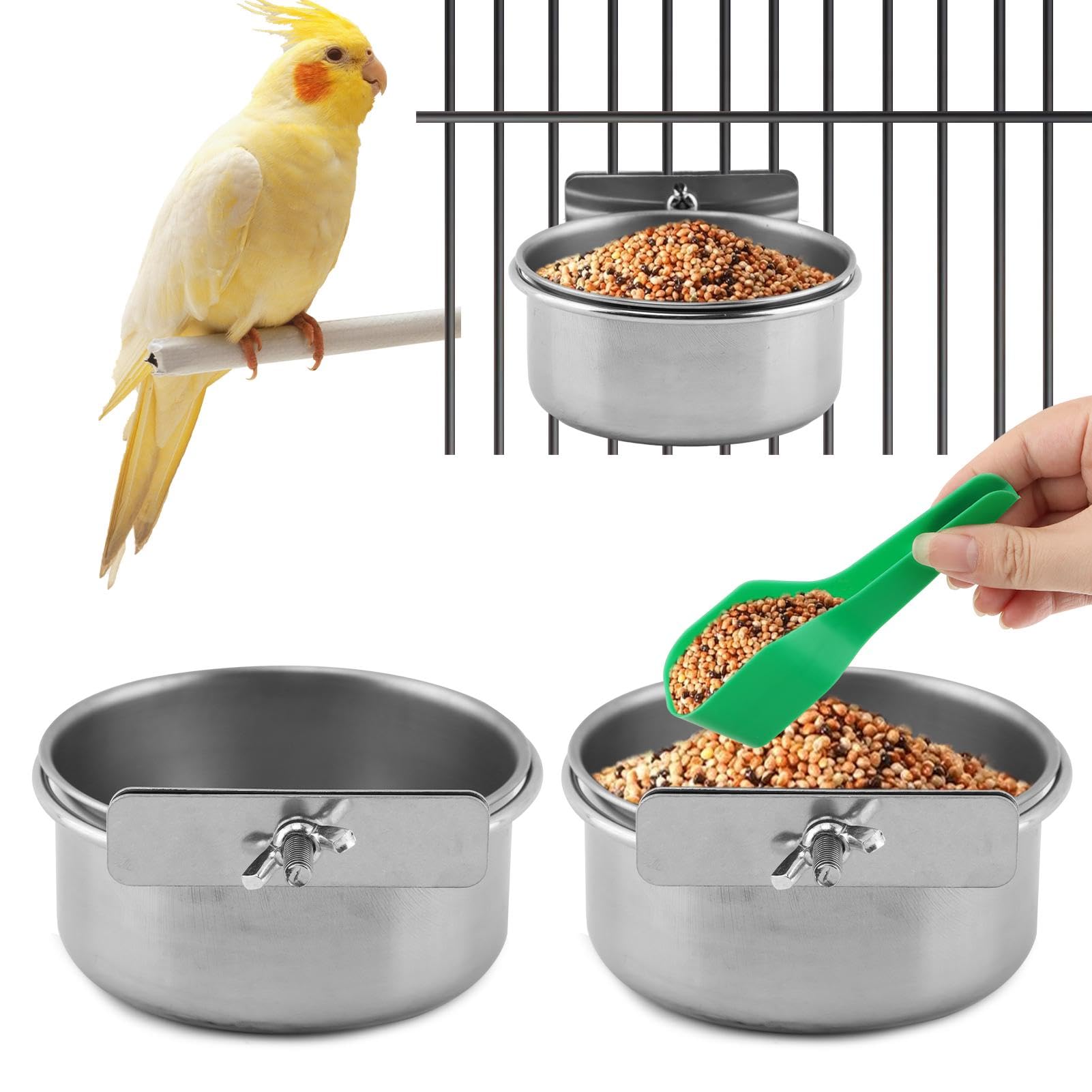 2Pcs Stainless Steel Bird Feeding Bowls with Feeding Spoon,Parrot Food Bowl Cage with Clamp Holder,Birdcage Coop Water Feeder for Cockatiel Parakeet Macaw Finches Small Animals