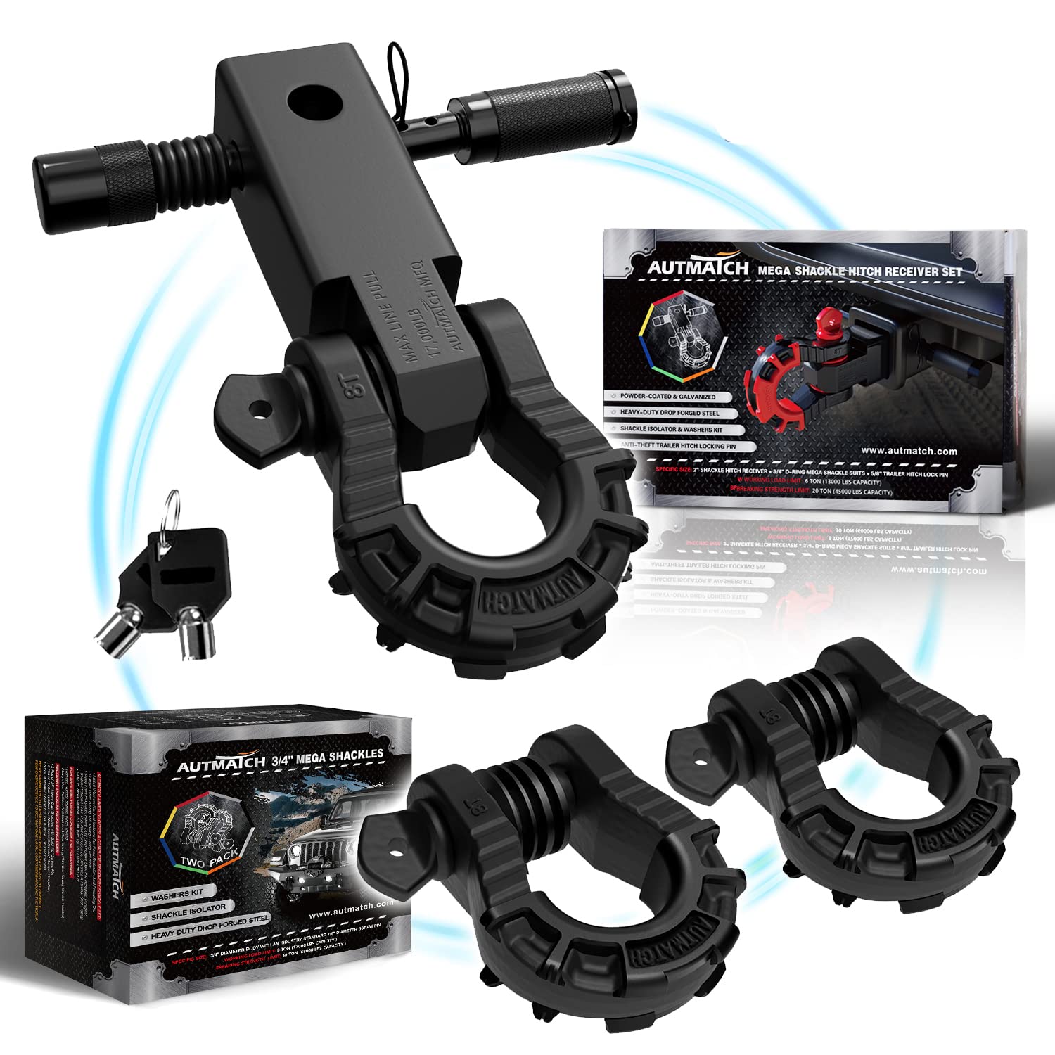 AUTMATCH Mega Shackles 3/4 D Ring Shackle and 2" Shackle Hitch Receiver with 5/8" Trailer Hitch Lock Pin, 68,000 Lbs Break Strength Heavy Duty Receiver Kit for Vehicle, Matte Black