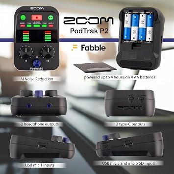 Zoom PodTrak P2 Bundle with 2 ZUM-2 Mics, 2 ZHP-2 Headphones, 2 Tripod Stands, Mounts, Windscreens, USB-C Cables, 32GB microSDHC Card & AA Battery Kit with Charger