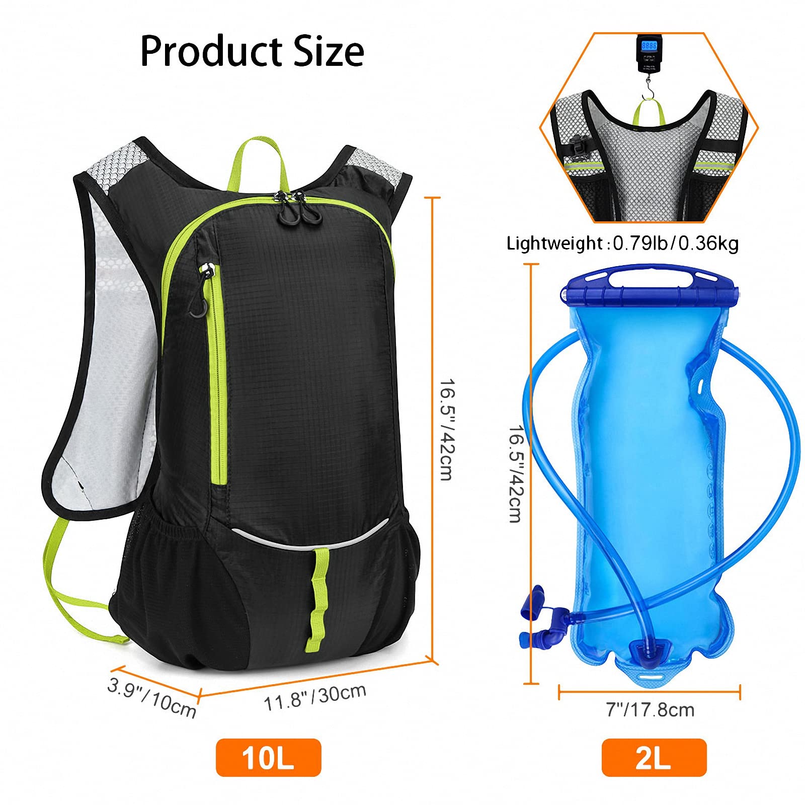 Zaino idratazione da Escursionismo in Bicicletta con Sacca d'Acqua da 2 Litri, Ultraleggero Impermeabile per Sport all'Aria Aperta Zainetto da Campeggio Jogging Camminata