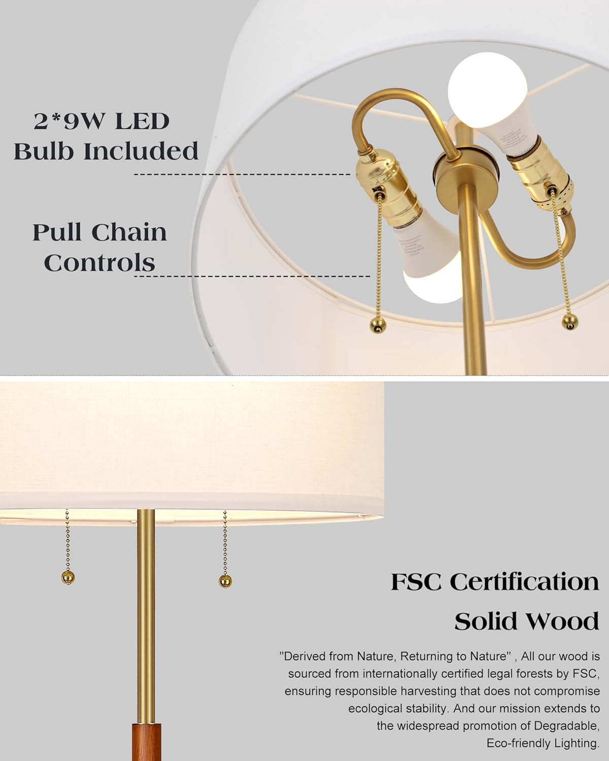 BTP Mid Century Floor Lamp for Bedroom, 2-Lights Wood Floor Lamp with Dual Switch, Tall Reading Standing Light for Living Room Office Farmhouse, 3 Color Temperatures 9W Bulbs*2 Included