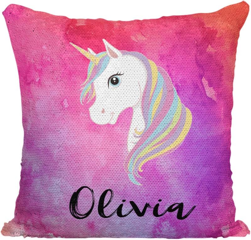 Violet Victoria & Fan Star Personalized Unicorn Sequin Mermaid Flip Pillow Pink Watercolors Red Sequins, Polyester Insert, 16x16 Inches