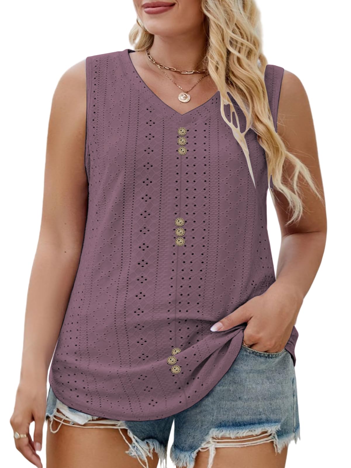 DOLNINE Womens Plus-Size Tank Tops Summer Casual Loose V-Neck Eyelet Shirts
