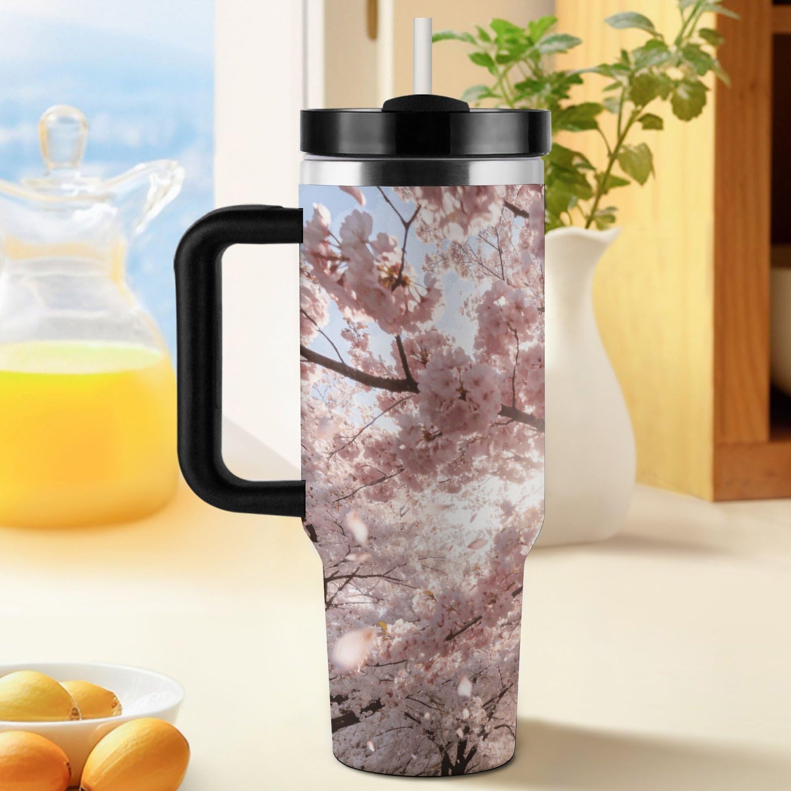 Cherry Blossoms - Vaso de café de viaje de acero inoxidable, taza de café con tapa y popote, taza con asa, gran capacidad, doble pared al vacío, taza térmica de café helado, 40 onzas