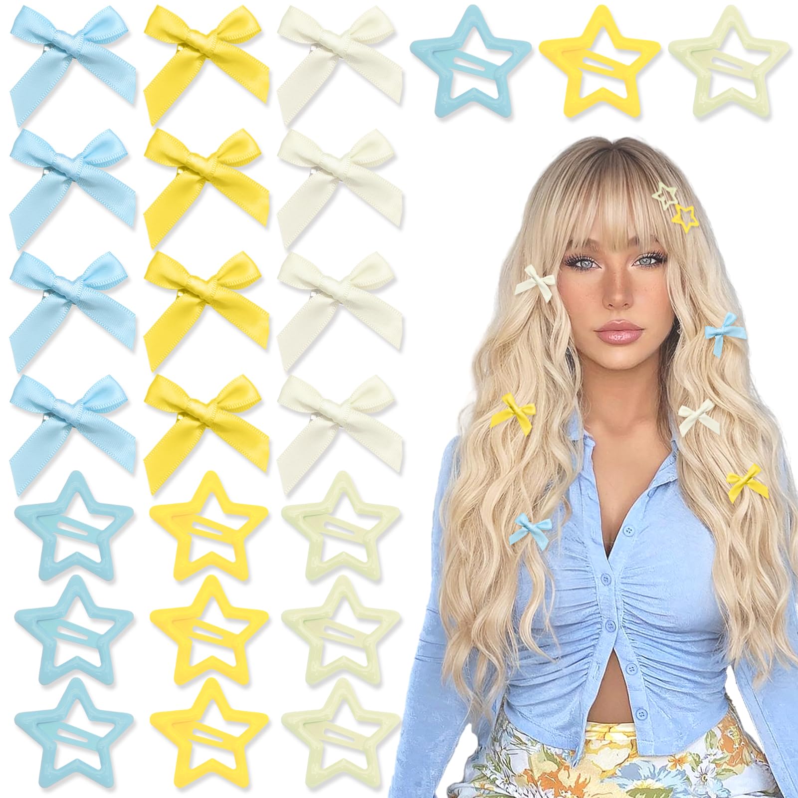 YAEISM 24PCS Hair Clips Set, Mini Bow Clips 3 Colors Satin Yellow Beige Blue, Star Hair Clips, Y2K Kawaii Bow Hair Accessories, Cute Snap Barrettes,