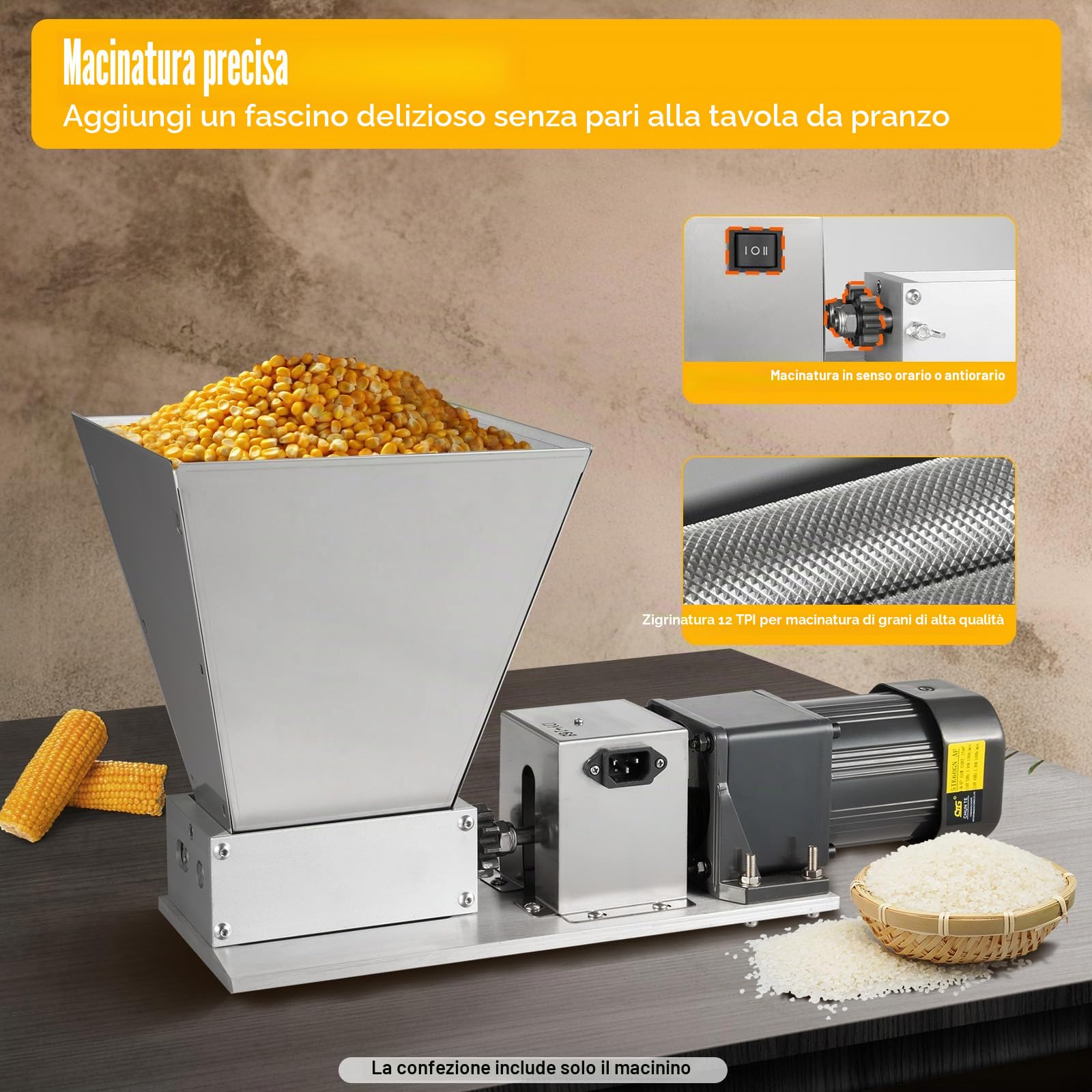 MINRS Mulino elettrico regolabile per grano con quattro tramoggie, mulino elettrico per malto, grano a rulli, 60 W, 75 RPM, 220 V